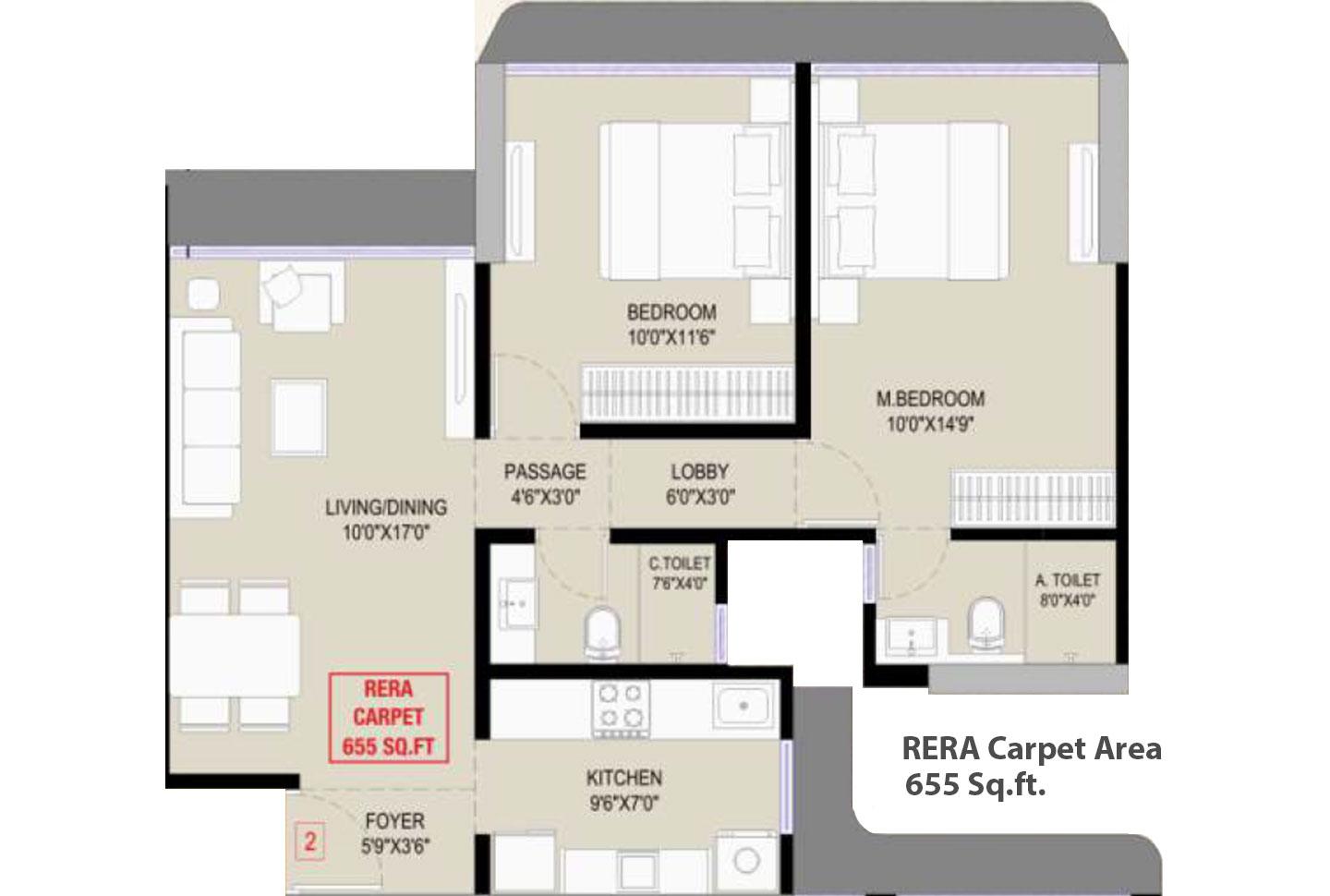 2 BHK - 655 Sq.ft.