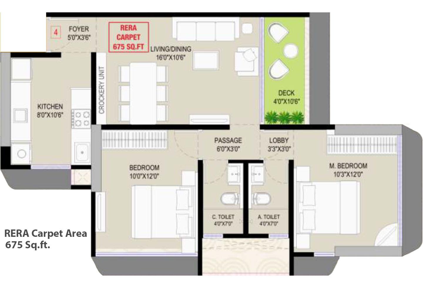 2 BHK - 675 Sq.ft.