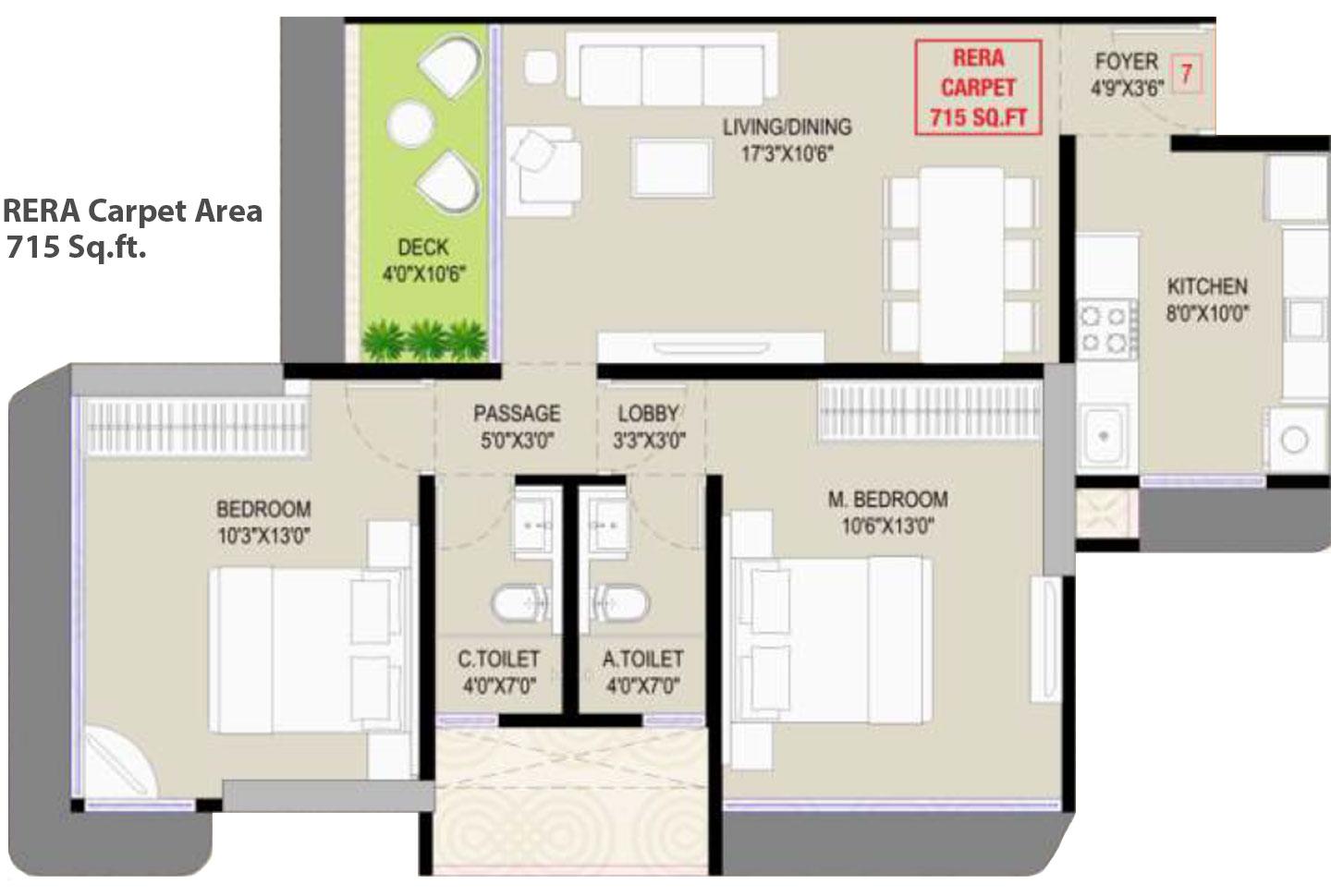2 BHK - 715 Sq.ft.