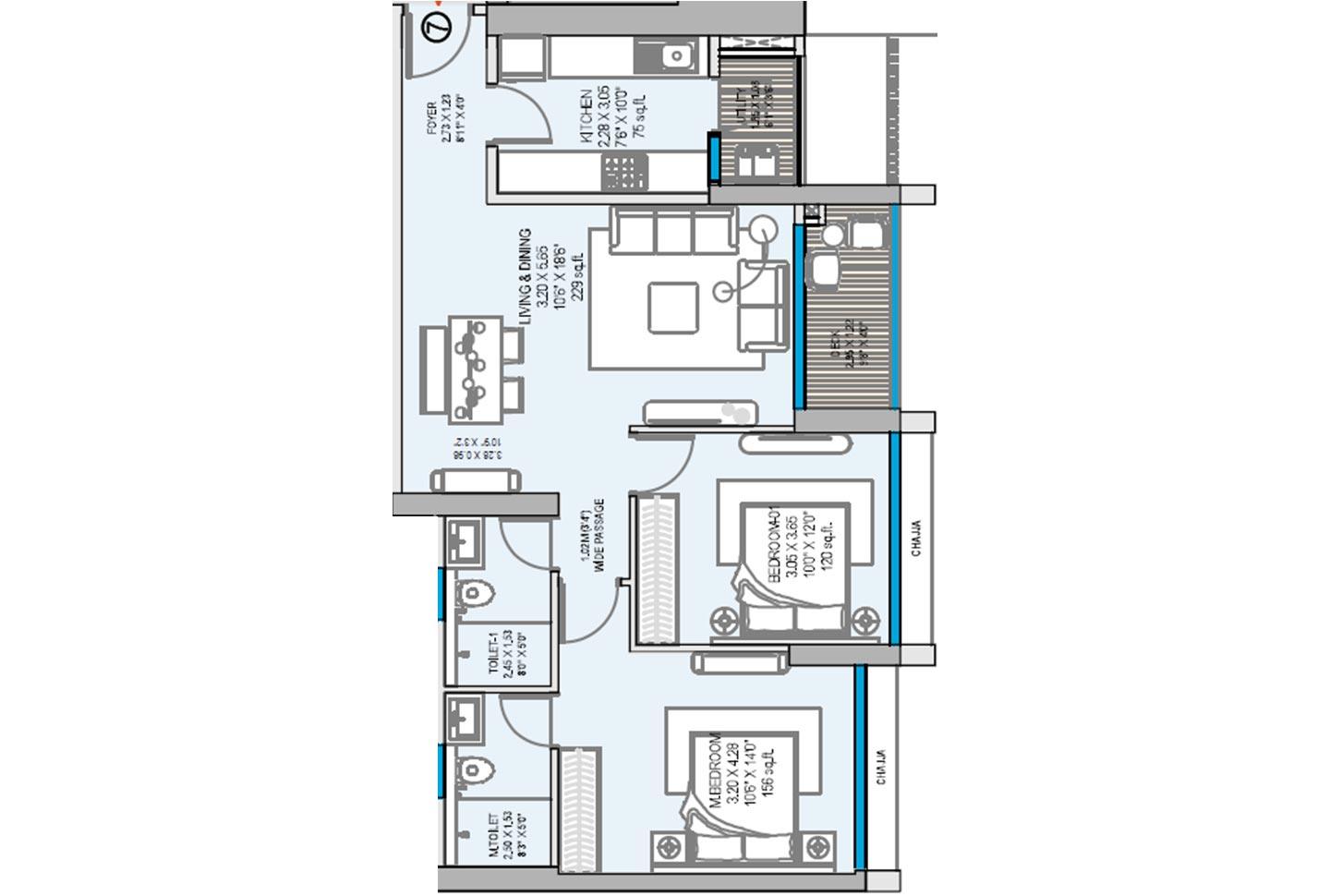 2 BHK - 822 Sq.ft.