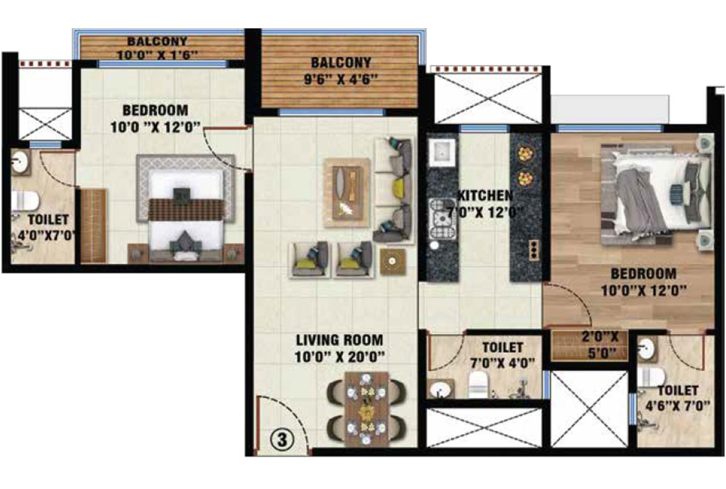 2 BHK - 713 Sq.ft.