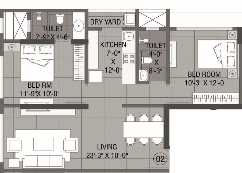 2 BHK - 694 Sq.ft.