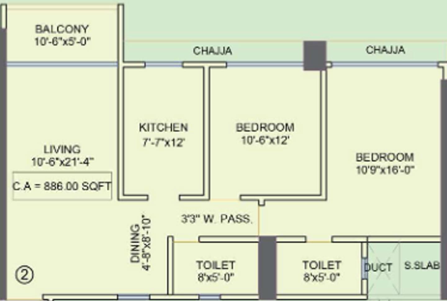 2 BHK - 886 Sq.ft.