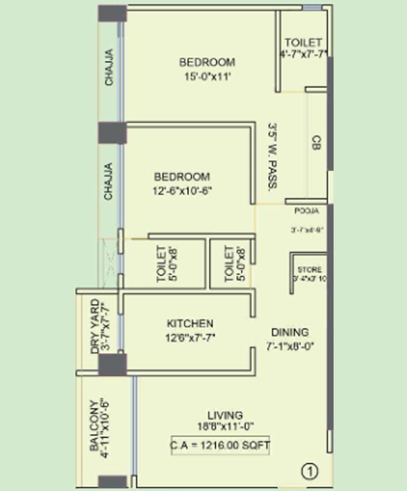 3 BHK - 1216 Sq.ft.