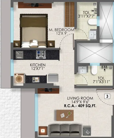 1 BHK Flat - 409 Sq.ft.