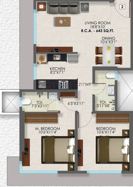 2 BHK Flat - 643 Sq.ft.