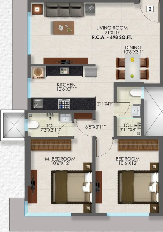 2 BHK Flat - 698 Sq.ft.