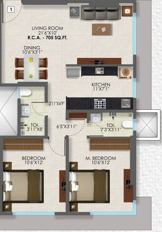 2 BHK Flat - 705 Sq.ft.