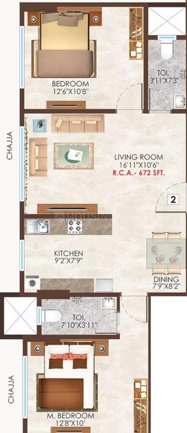 2 BHK - 672 Sq.ft.
