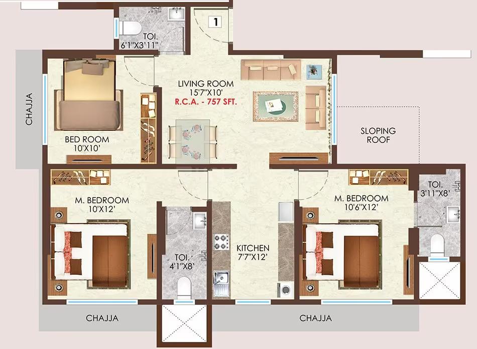 3 BHK - 757 Sq.ft.