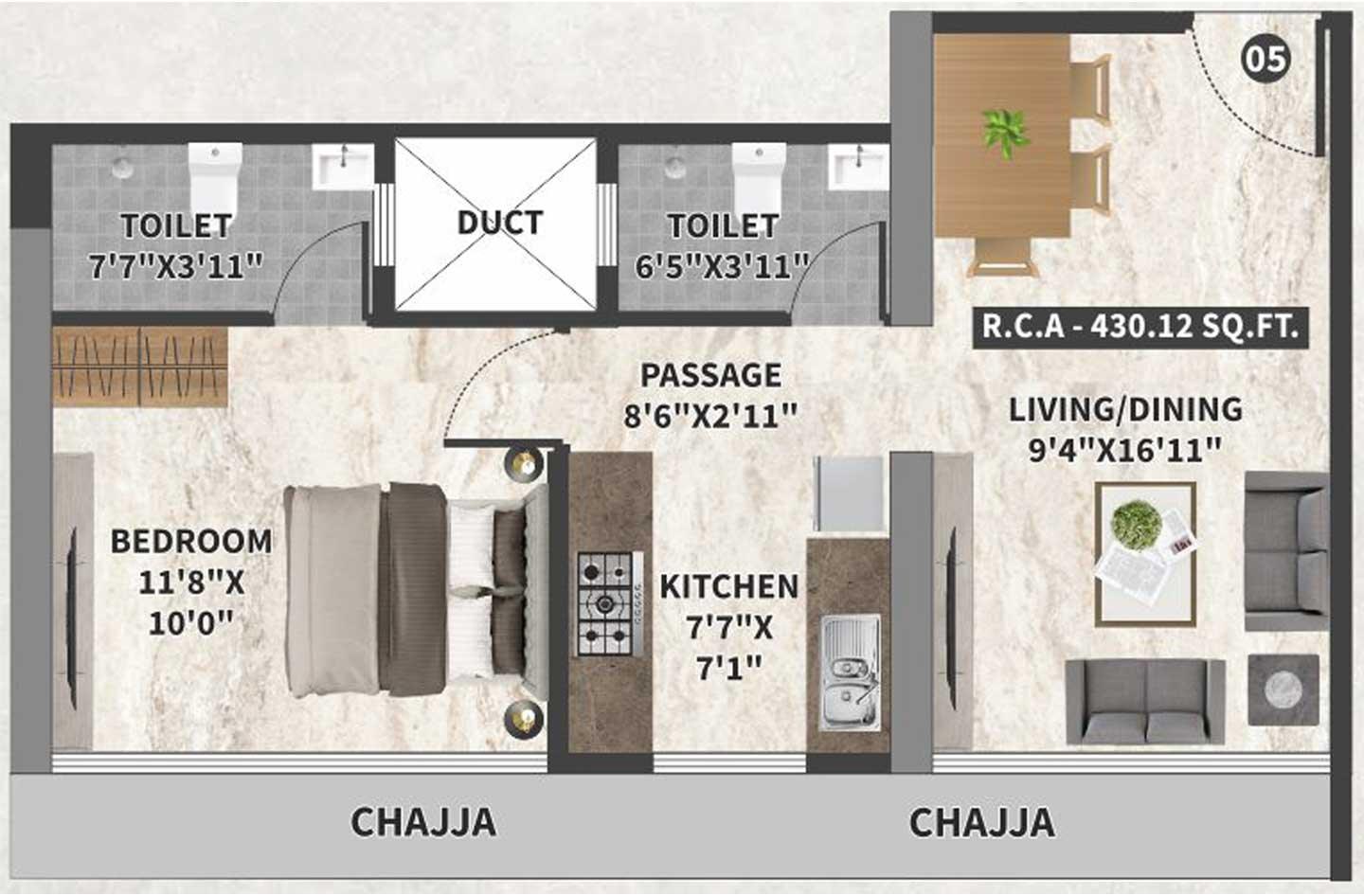 1 BHK - 430 Sq.ft.