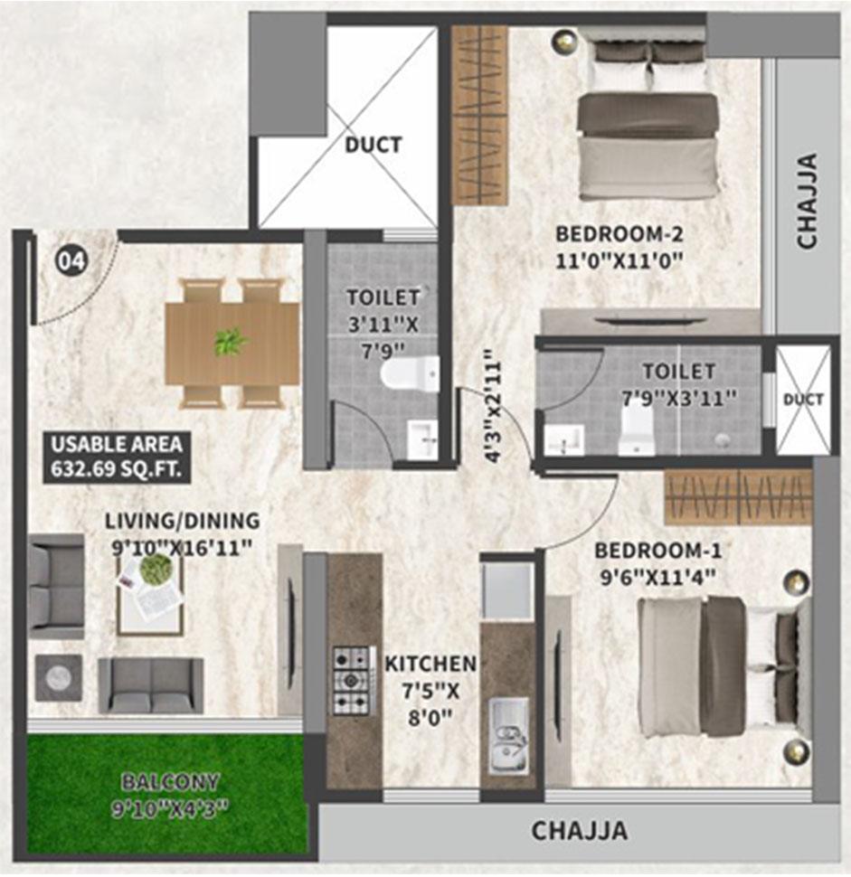 2 BHK - 633 Sq.ft.