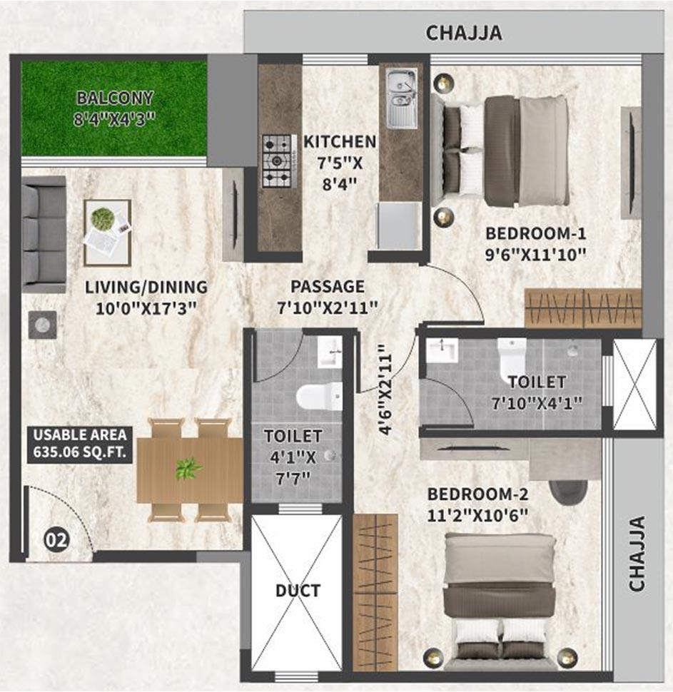 2 BHK - 635 Sq.ft.