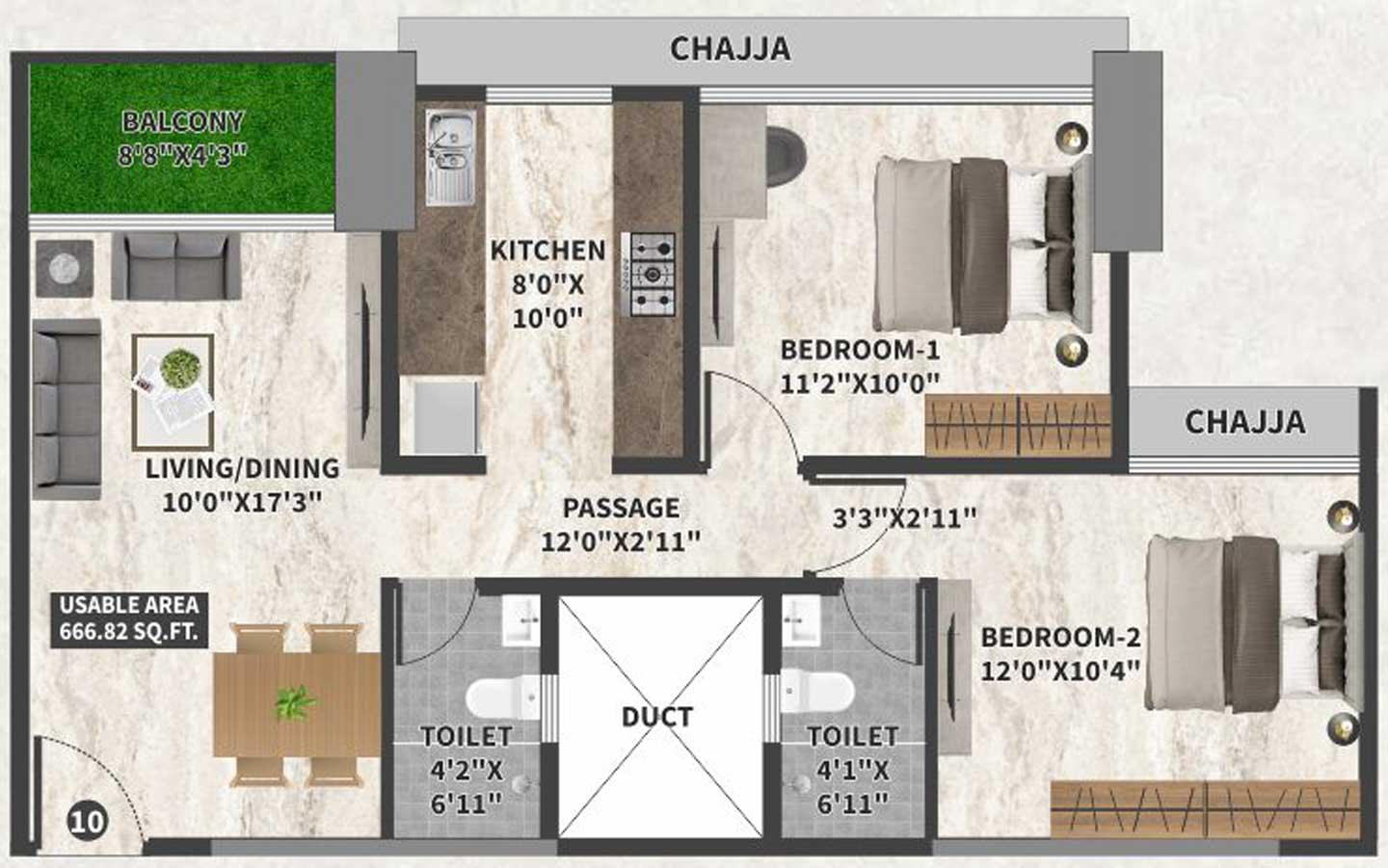 2 BHK - 667 Sq.ft.