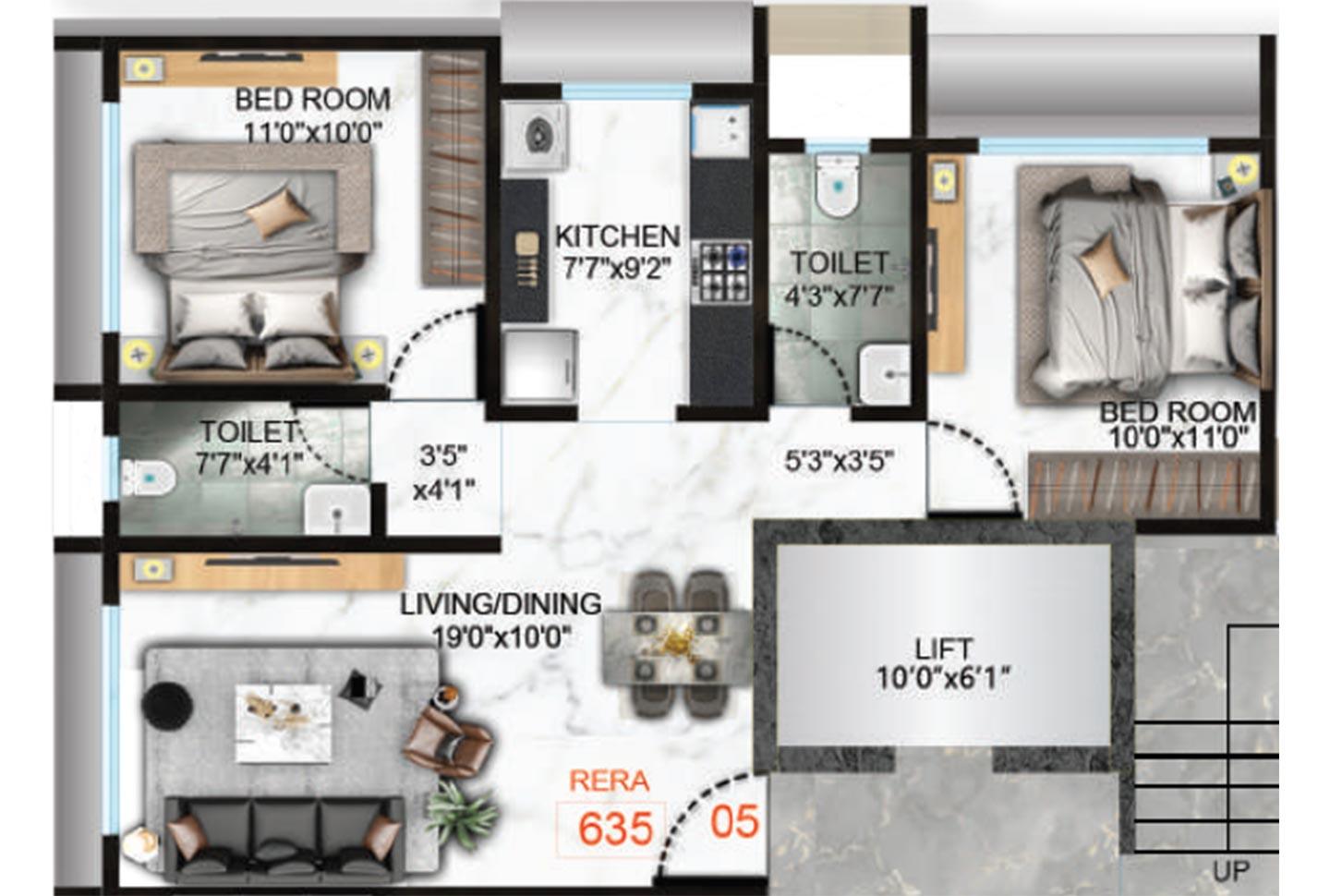 2 BHK - 635 Sq.ft.