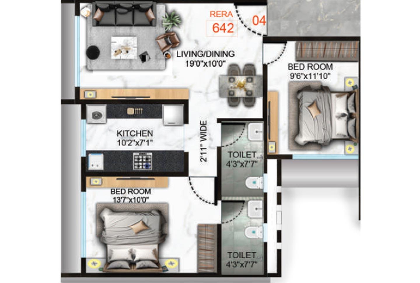 2 BHK - 642 Sq.ft.