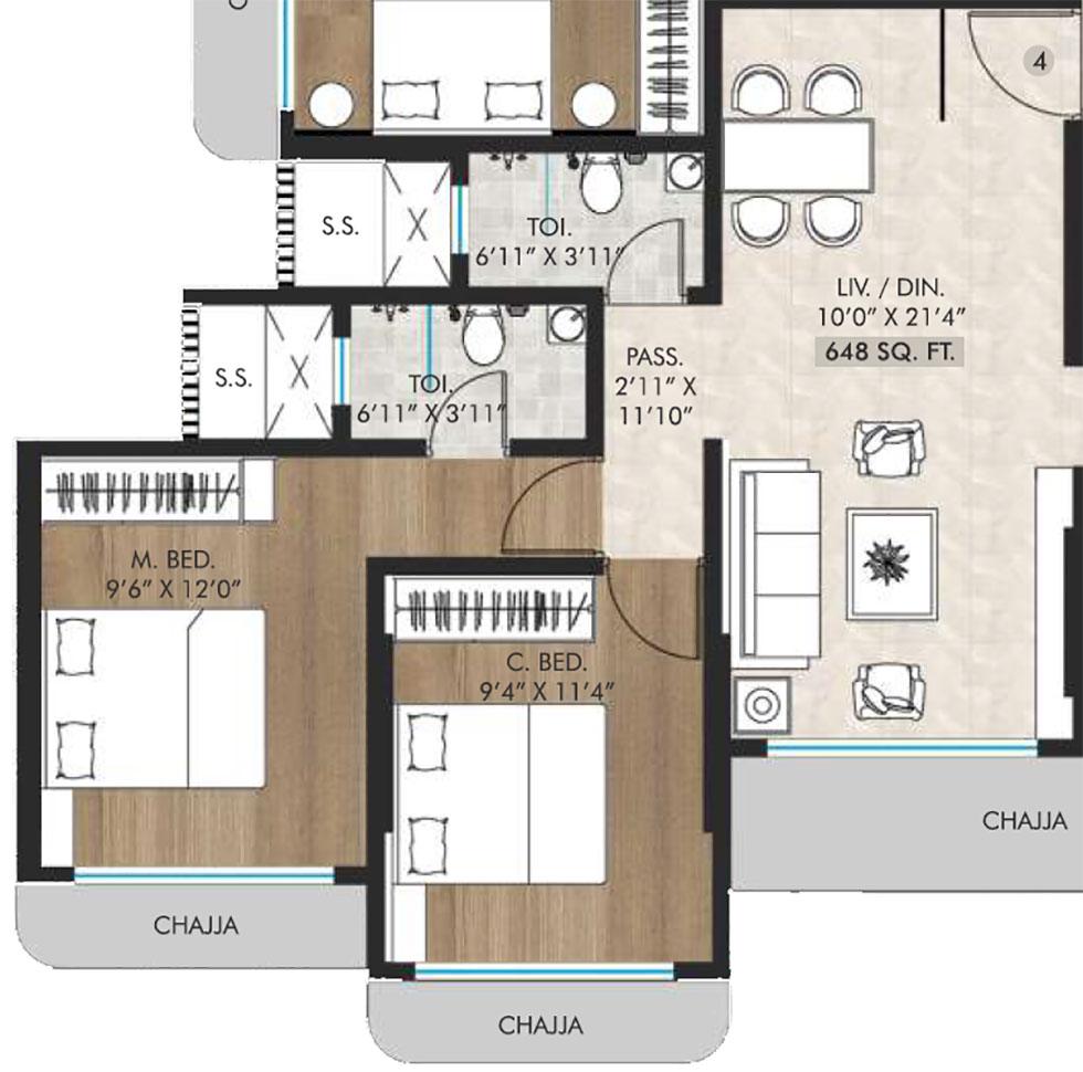 2 BHK - 648 Sq.ft.