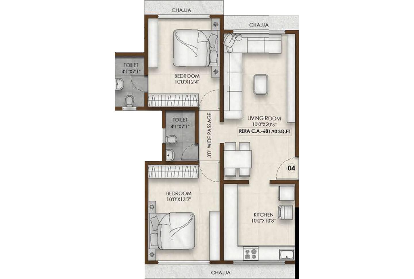 2 BHK - 682 Sq.ft.