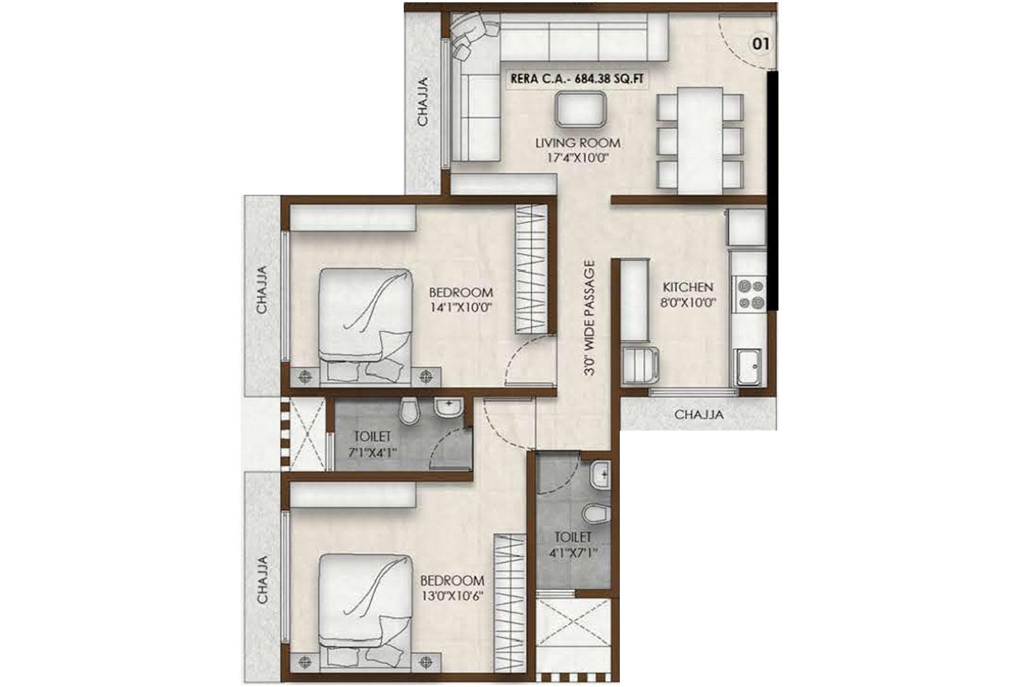 2 BHK - 684 Sq.ft.