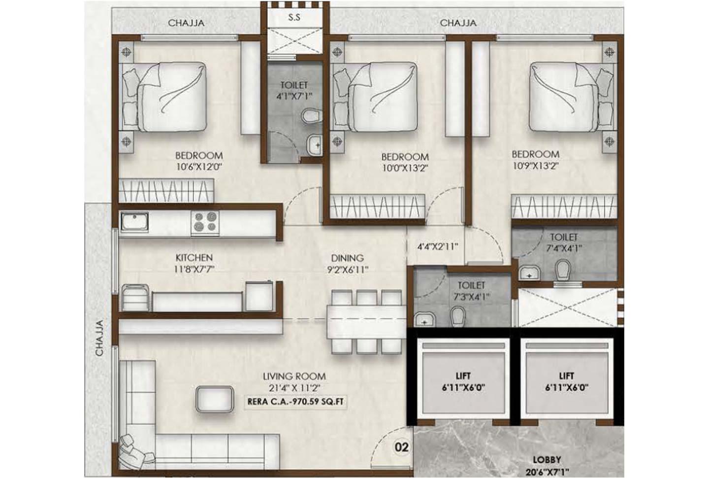 3 BHK - 970 Sq.ft.
