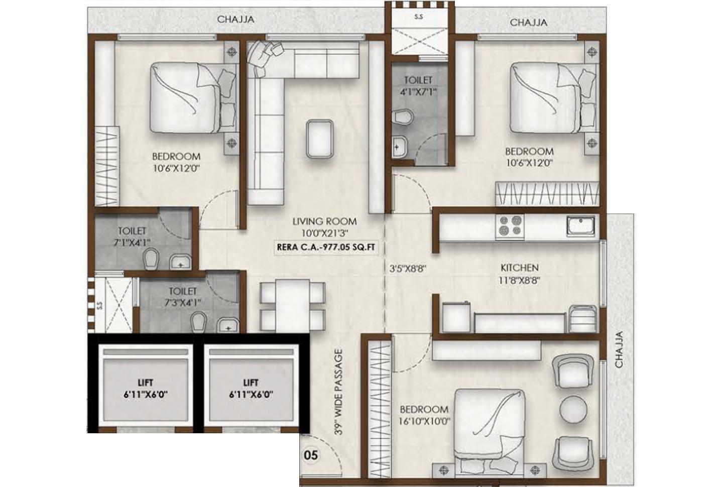 3 BHK - 977 Sq.ft.