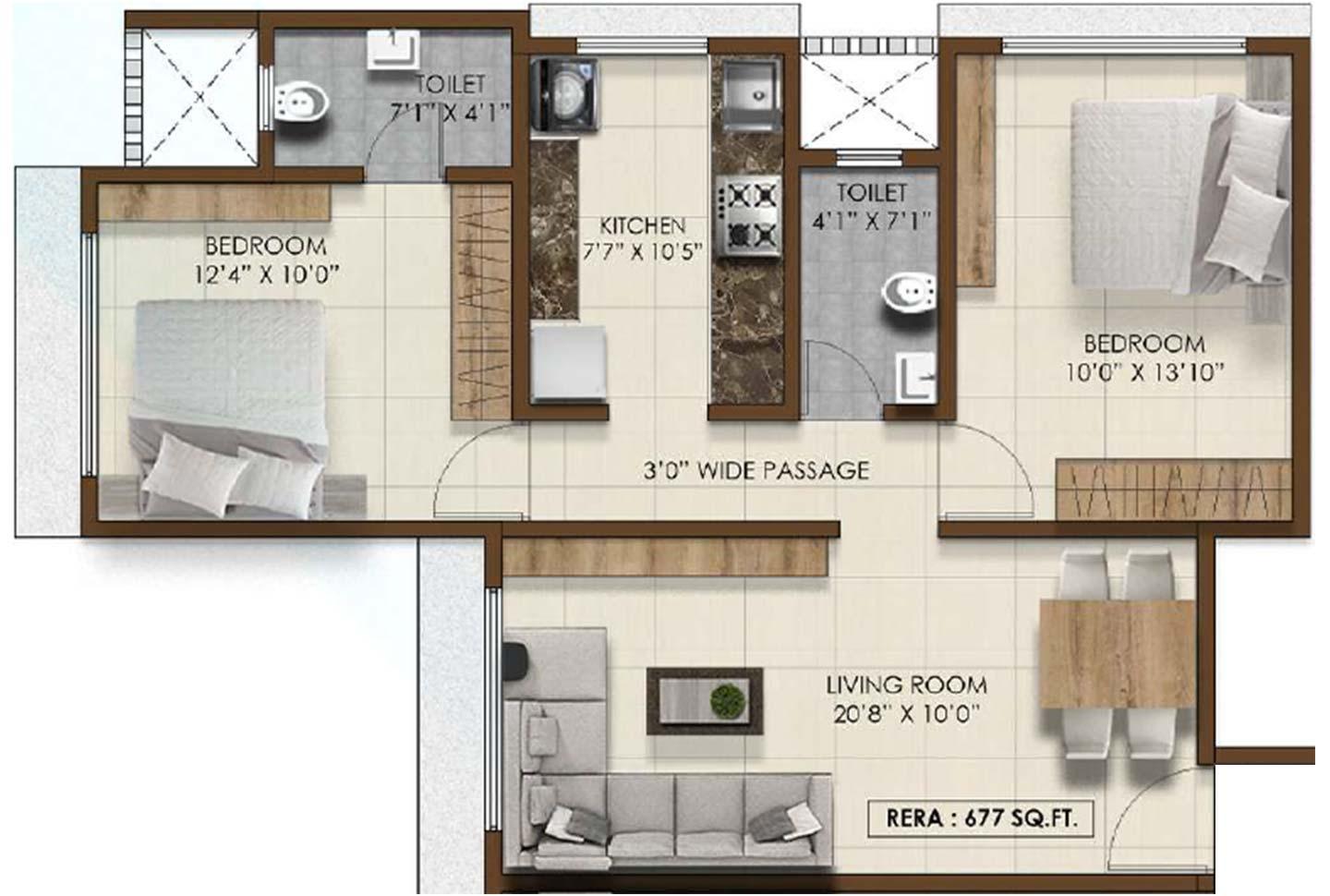 2 BHK - 677 Sq.ft.