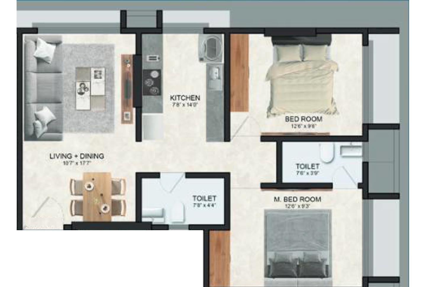 2 BHK - 670 Sq.ft.
