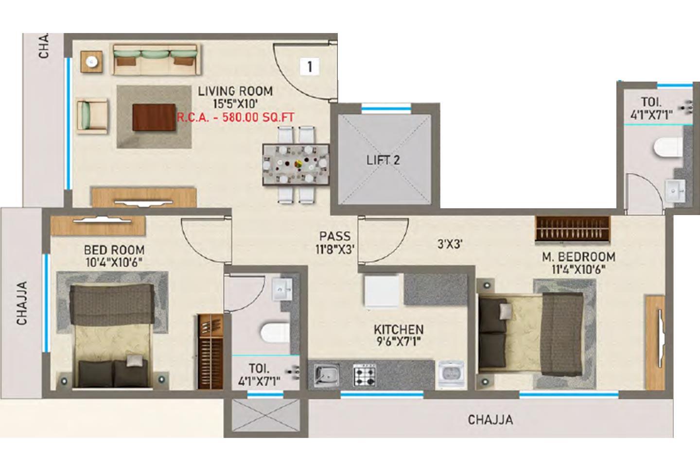 2 BHK - 580 Sq.ft.