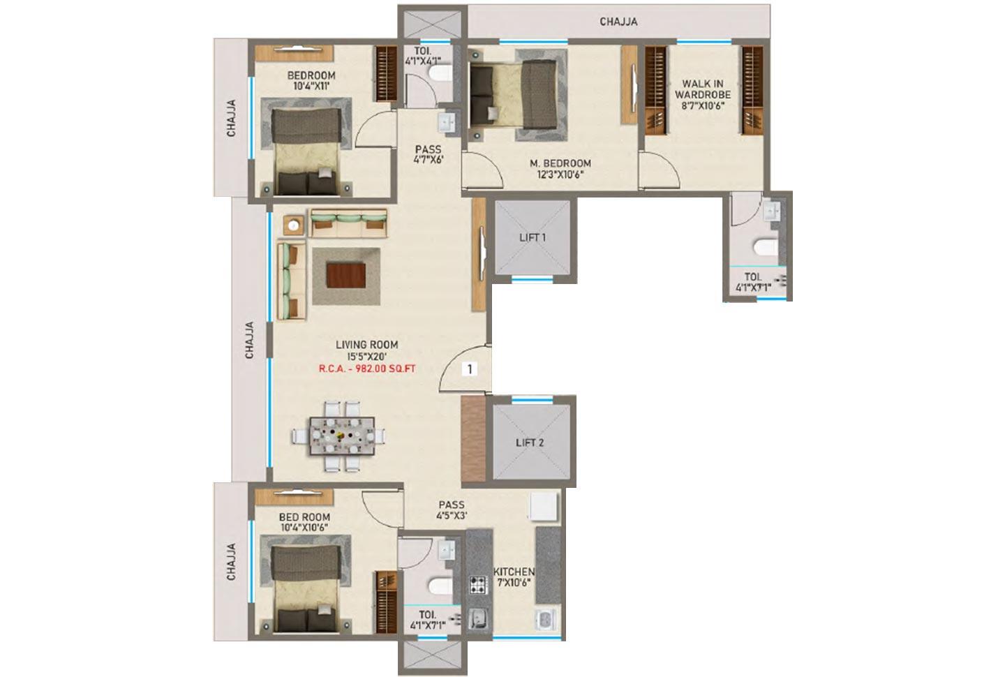 3 BHK - 982 Sq.ft.