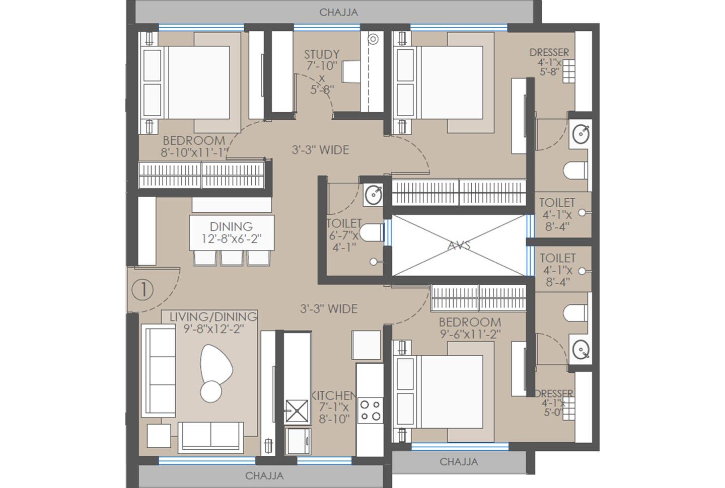 3 BHK - 881 Sq.ft.