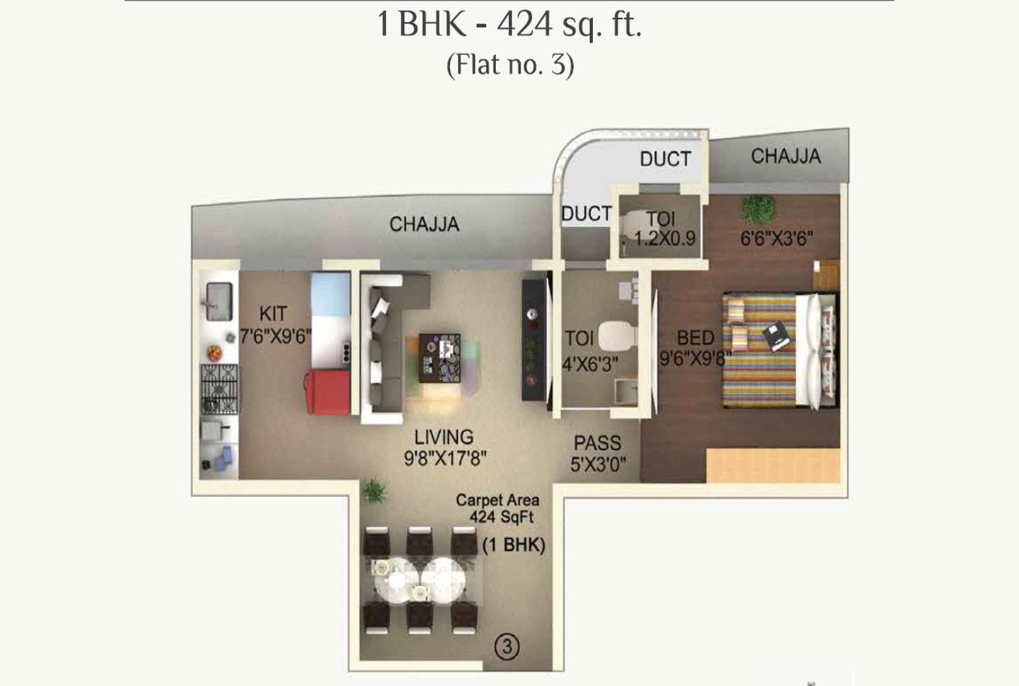 1 BHK - 424 Sq.ft.