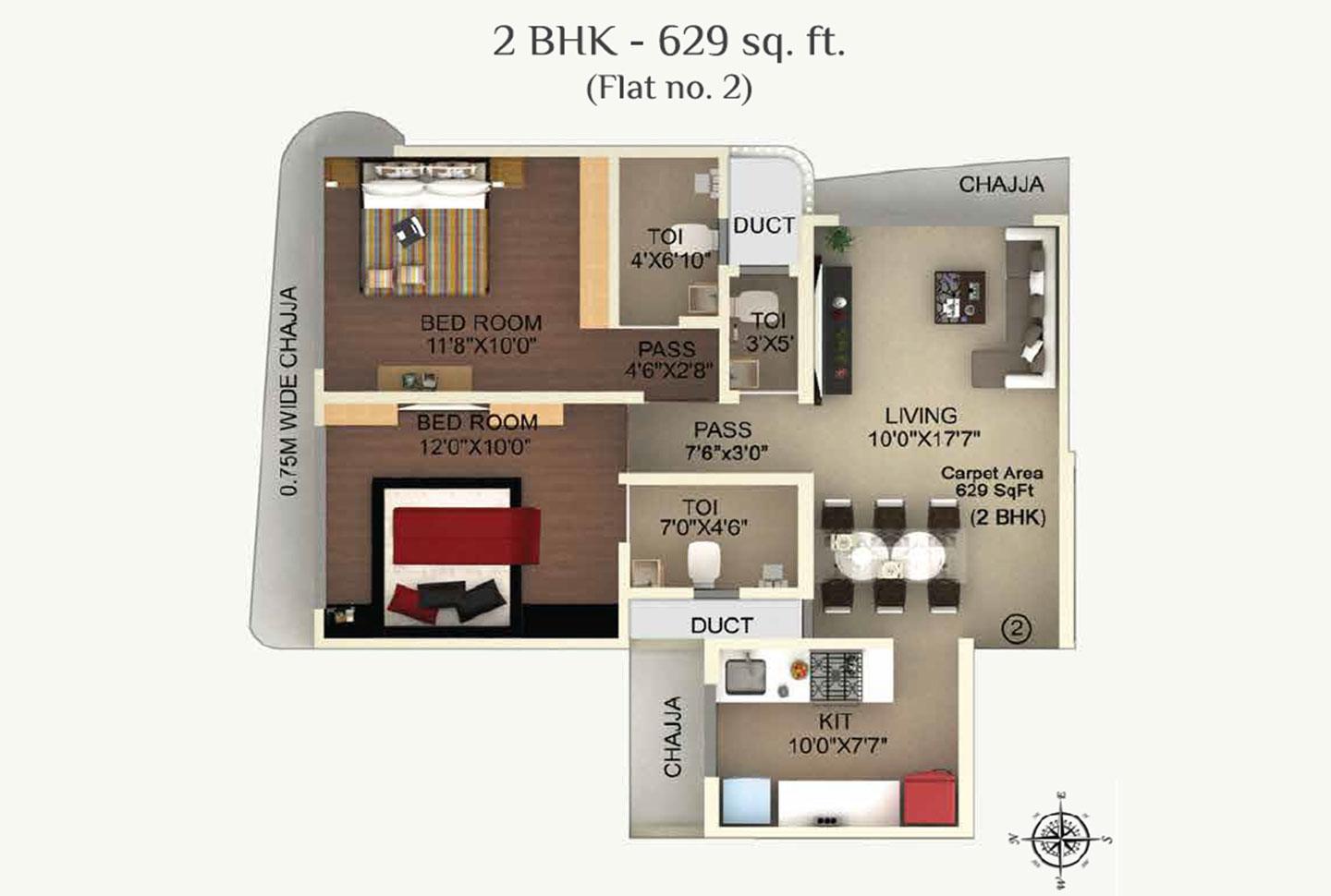 2 BHK - 629 Sq.ft.