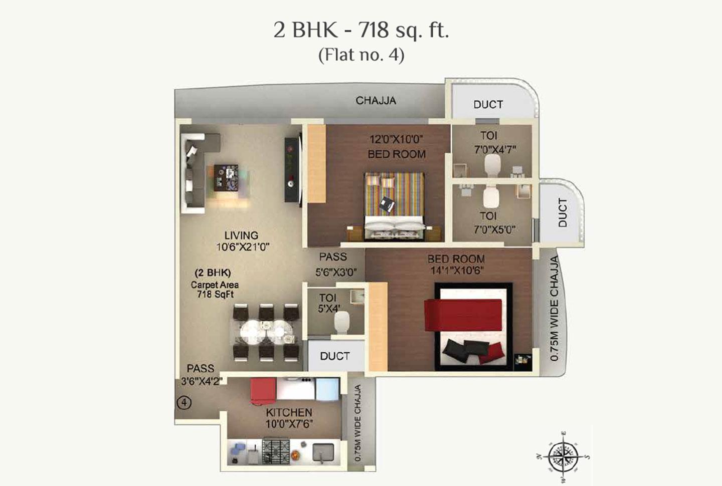 2 BHK - 718 Sq.ft.
