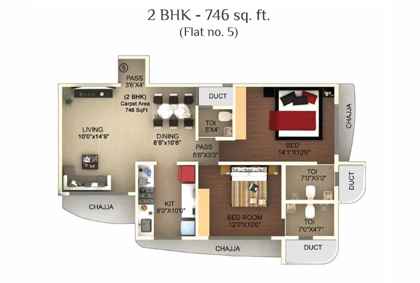2 BHK - 746 Sq.ft.