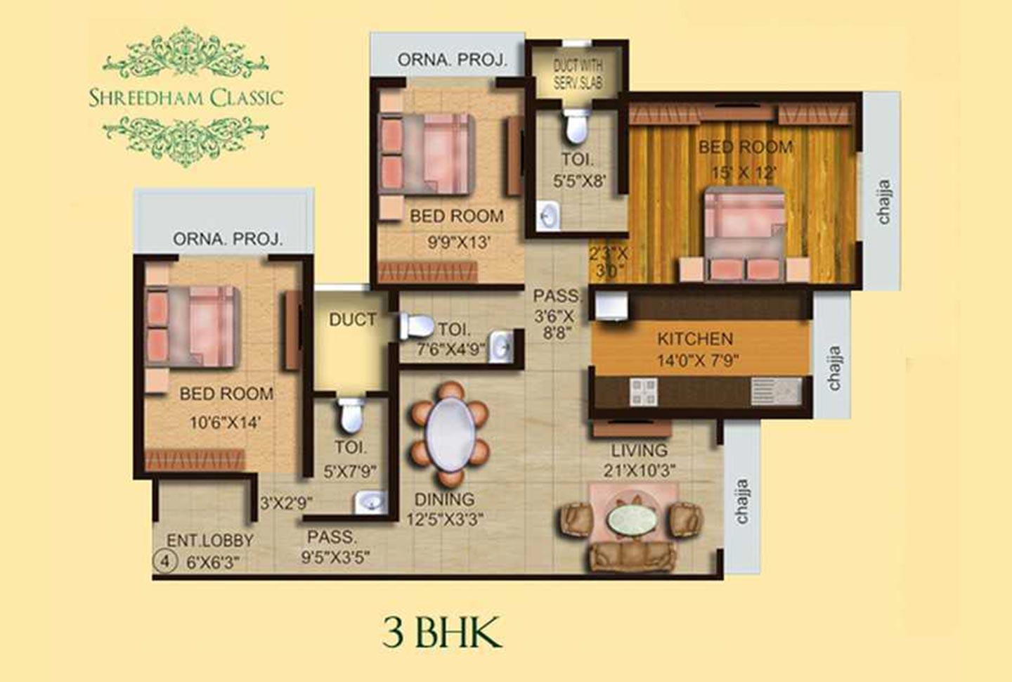 3 BHK - 1144 Sq.ft.