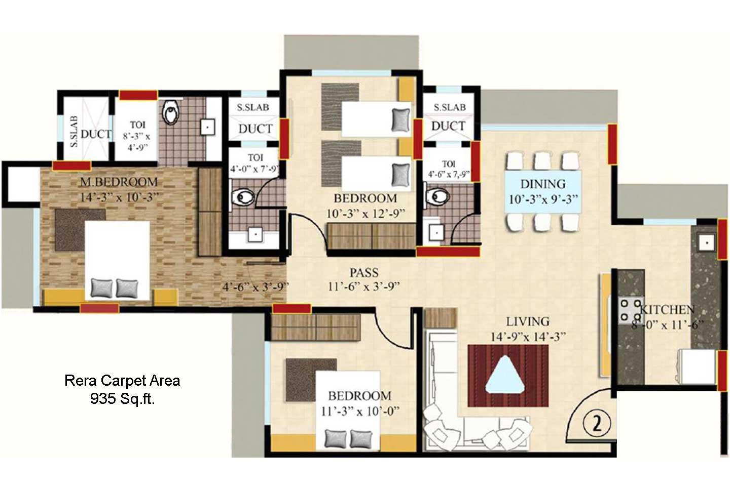 3 BHK - 935 Sq.ft.