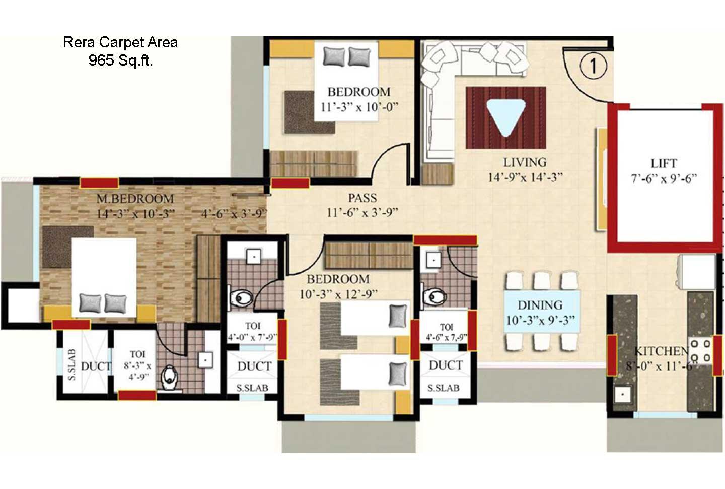 3 BHK - 965 Sq.ft.