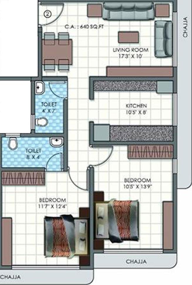 2 BHK - 640 Sq.ft.