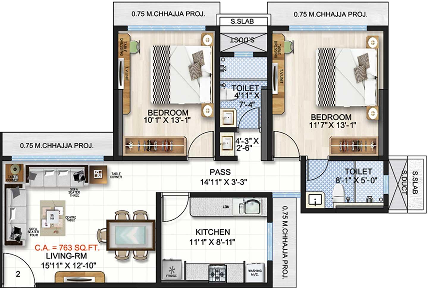 2 BHK - 763 Sq.ft.