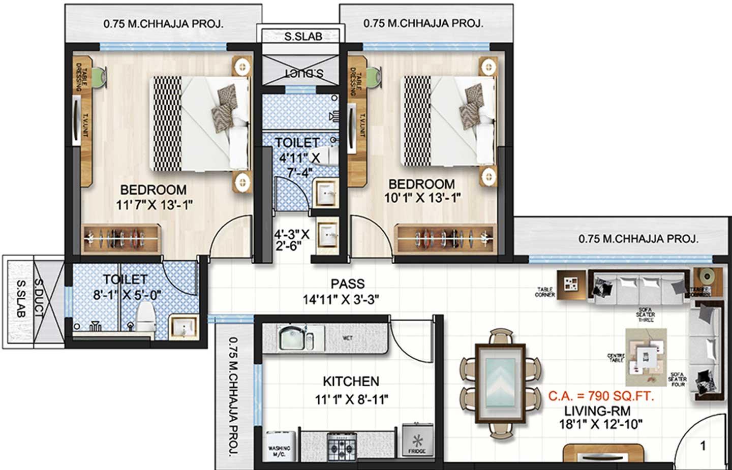 2 BHK - 790 Sq.ft.