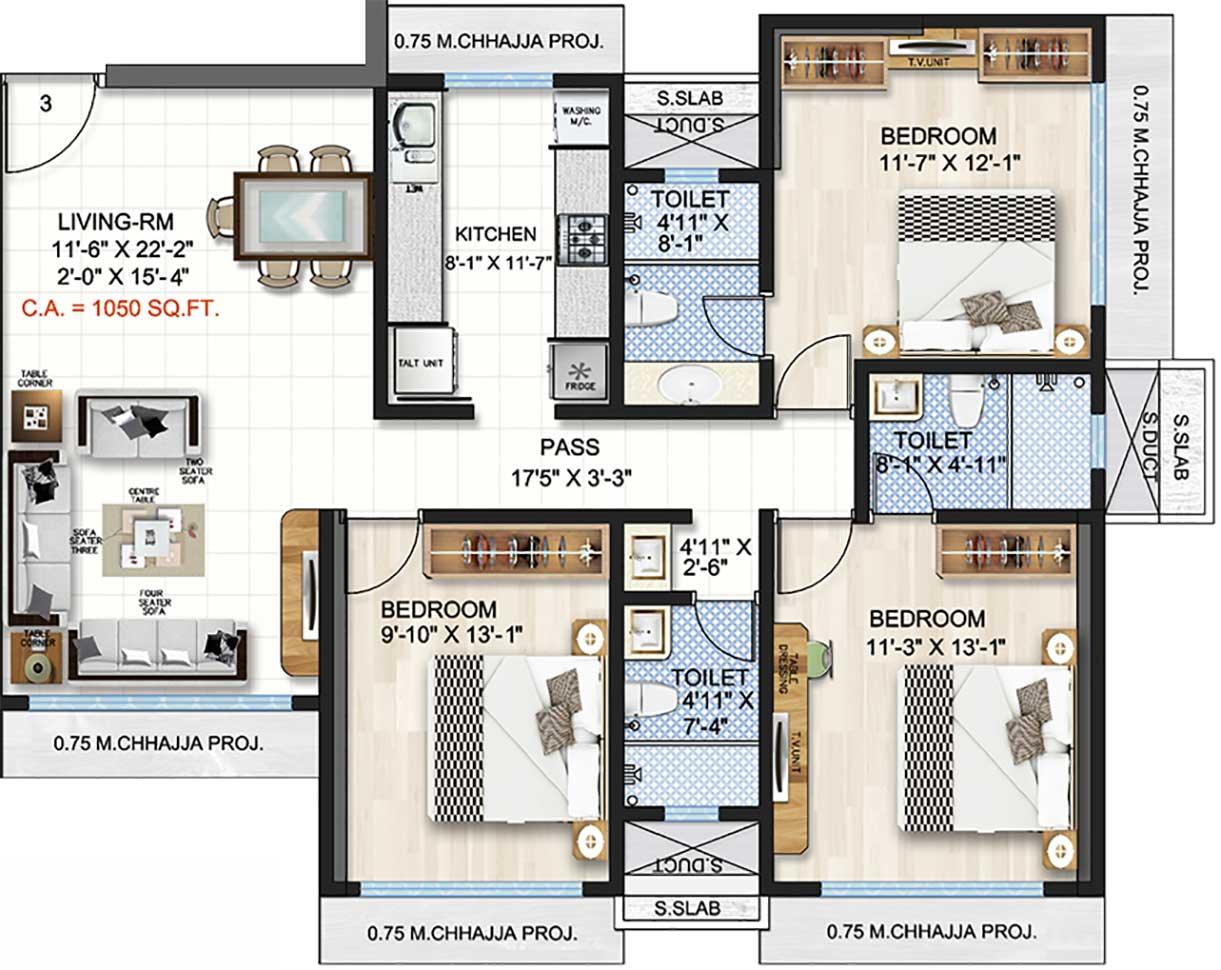 3 BHK - 1050 Sq.ft.